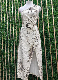 Ivory Brown Midi Printed One Shoulder Western Belted Dress