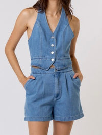 Washed Denim Halter Cutout Romper