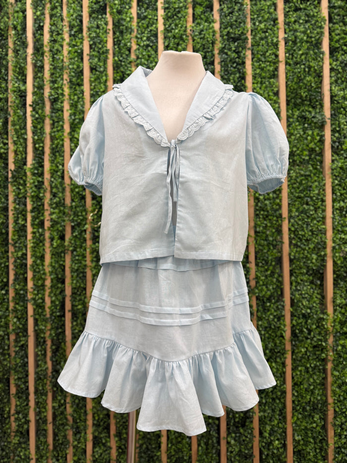 Sky Blue Smocked Waist Tiered Cotton Skirt