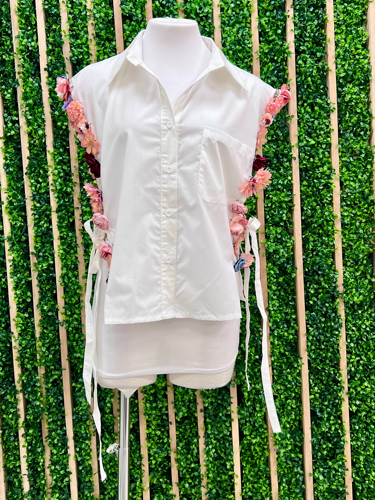 Floral Trim Button Down Blouse