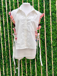 Floral Trim Button Down Blouse
