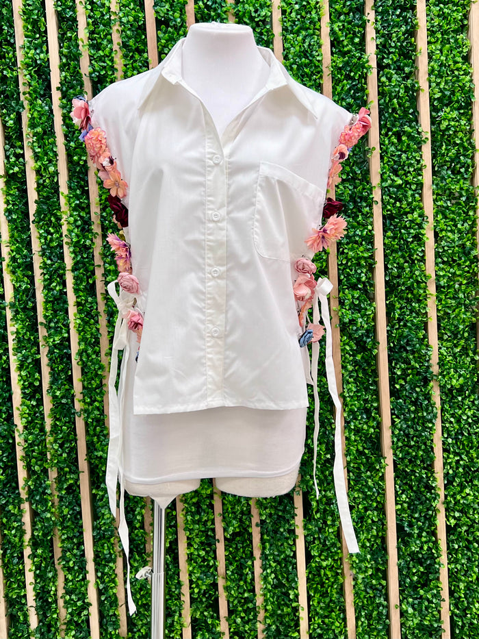 Floral Trim Button Down Blouse