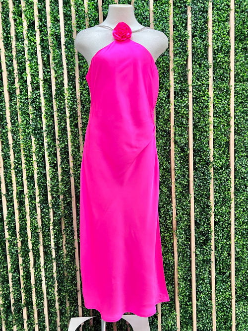 Pink Rossette Satin Midi Dress