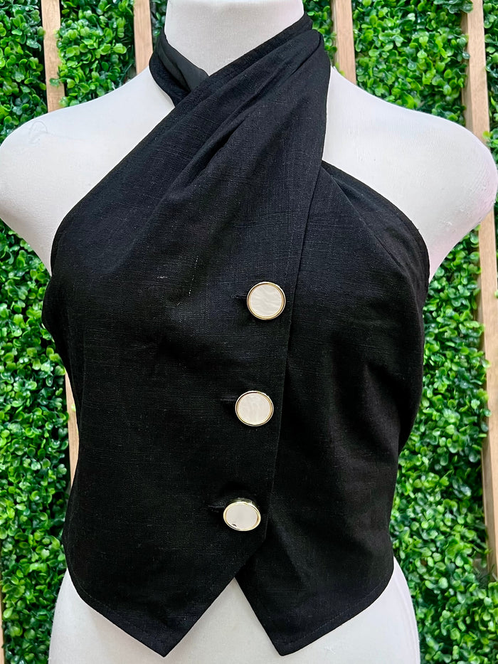 Black Halter Neck Wrap Vest Top