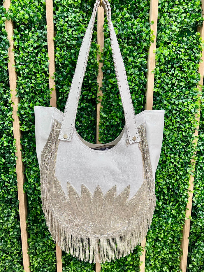 Exquisite Leather Beaded Lotus Boho Fringe Detail Bag