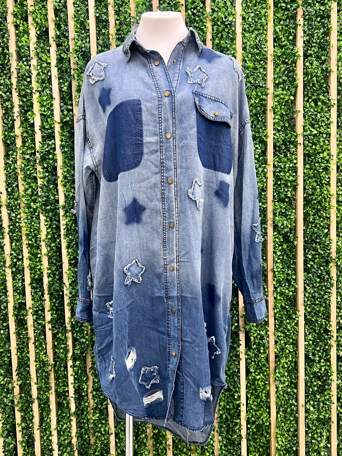 Star Patch Detail Button Down Denim Dress