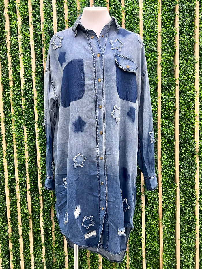 Star Patch Detail Button Down Denim Dress