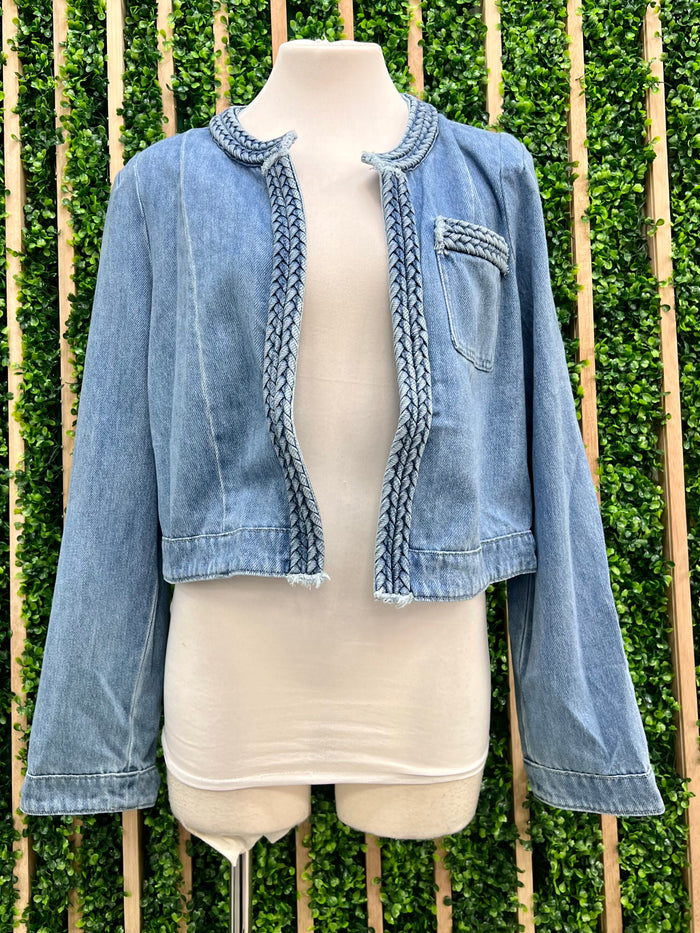 Braided Trim Denim Open Jacket