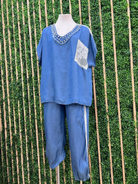 Lace Pearl Detail Denim Blouse