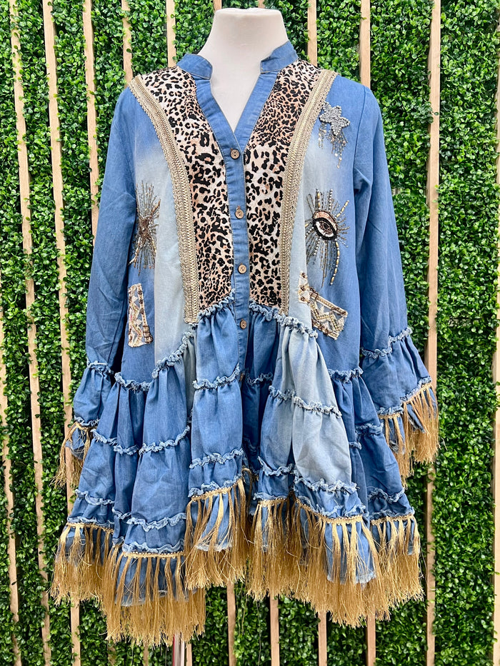 Exquisite Denim Animal Print Fringe Detail Short Dress
