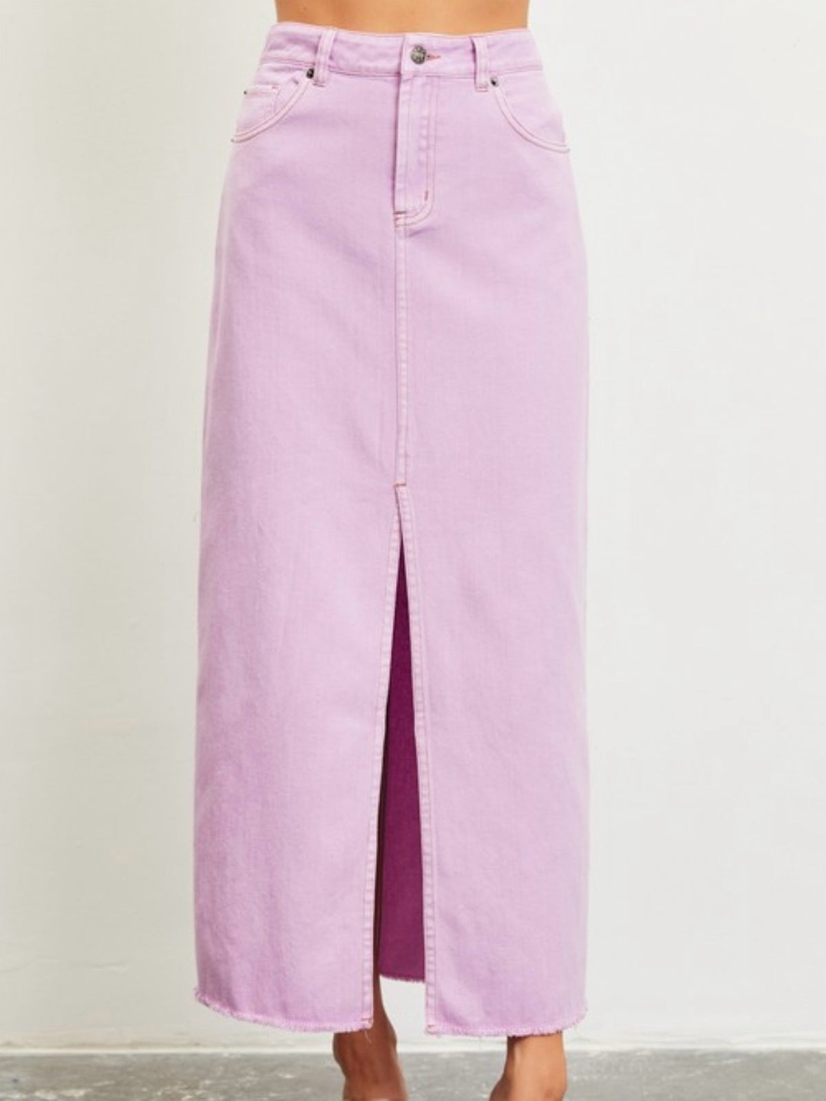 Washed Pink Front Slit Denim Midi Skirt
