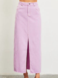 Washed Pink Front Slit Denim Midi Skirt