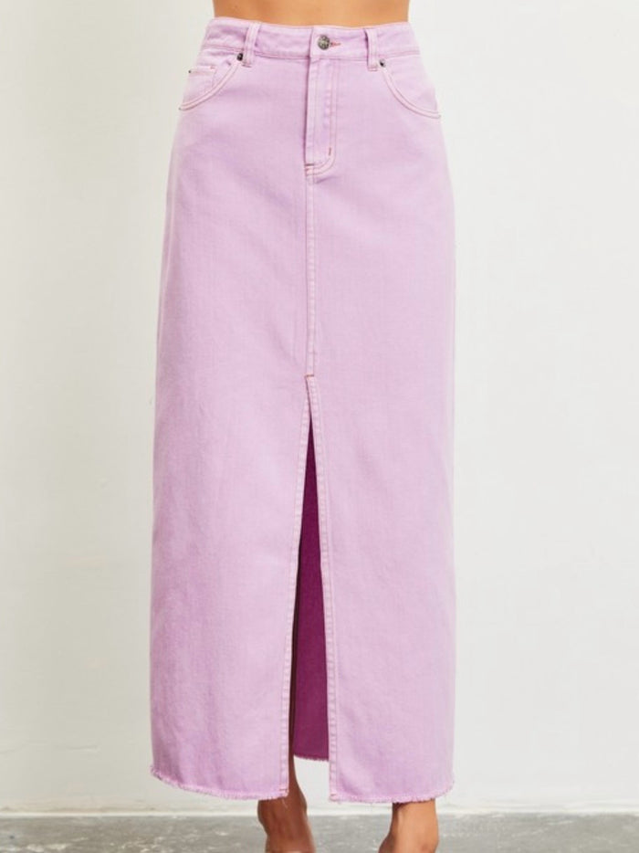 Washed Pink Front Slit Denim Midi Skirt