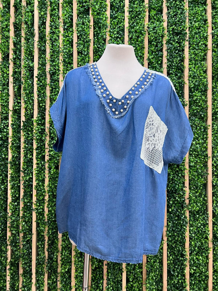 Lace Pearl Detail Denim Blouse