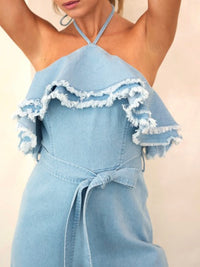 Halter Frayed Ruffle Denim Jumpsuit