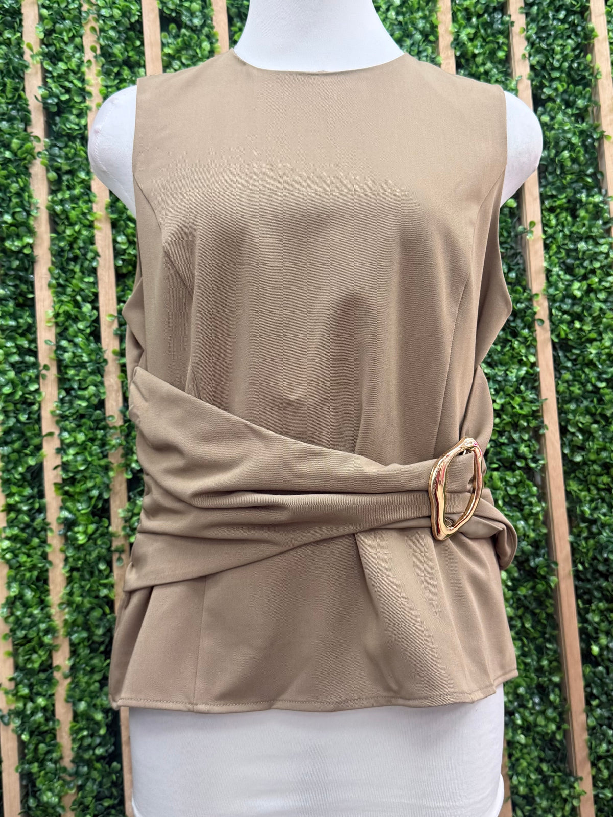 Mocha Buckle Trim Ruched Sleeveless Top