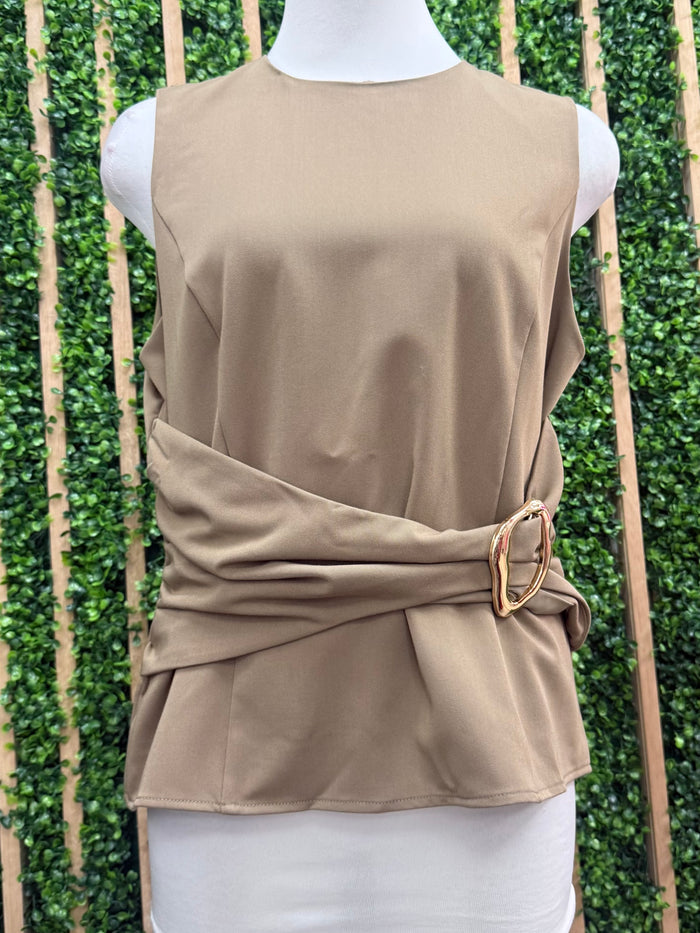 Mocha Buckle Trim Ruched Sleeveless Top