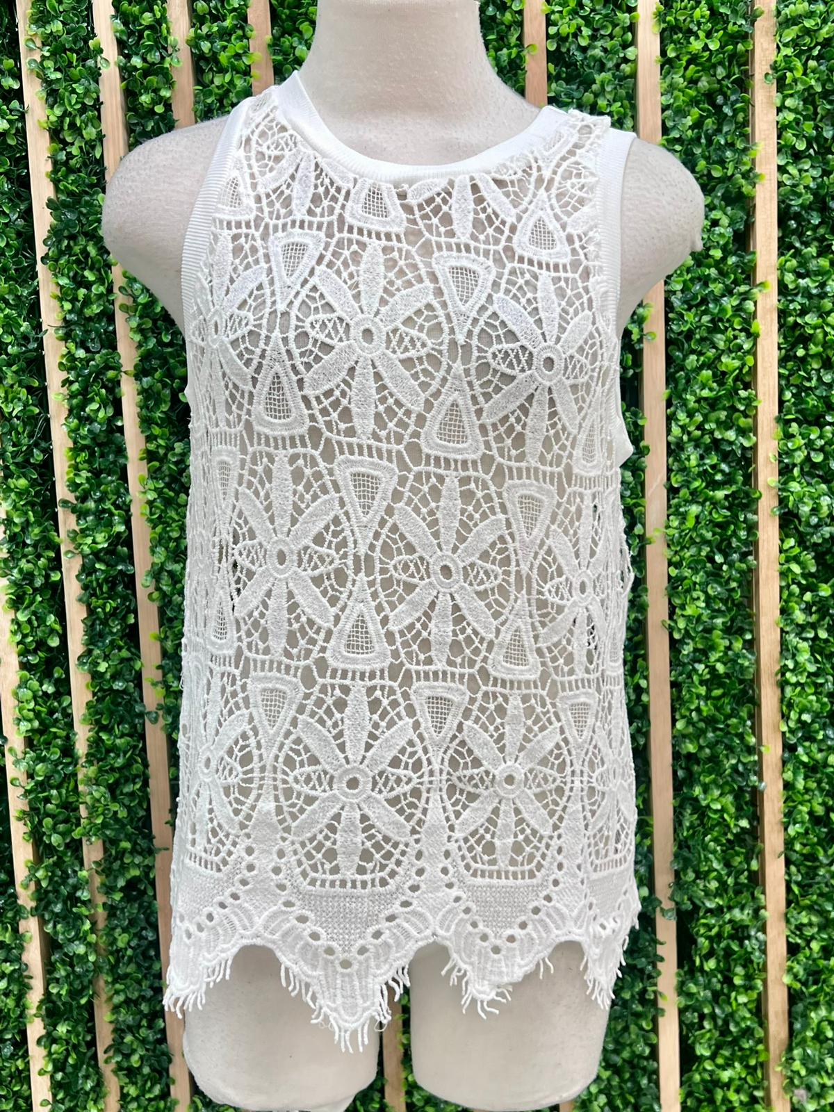 Sleeveless White Floral Lace TOp