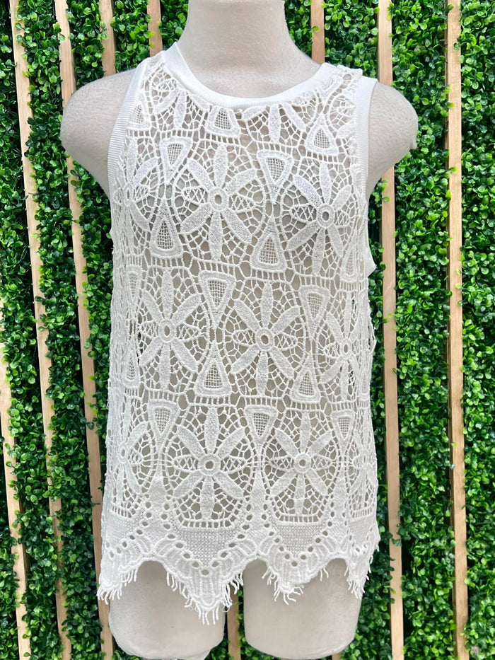 Sleeveless White Floral Lace TOp