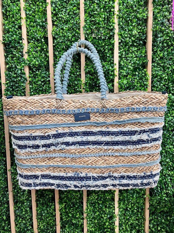 Exquisite Denim Trim Large Basket Raffia Bag