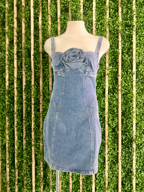Denim Flower Detail Strap Short Dress