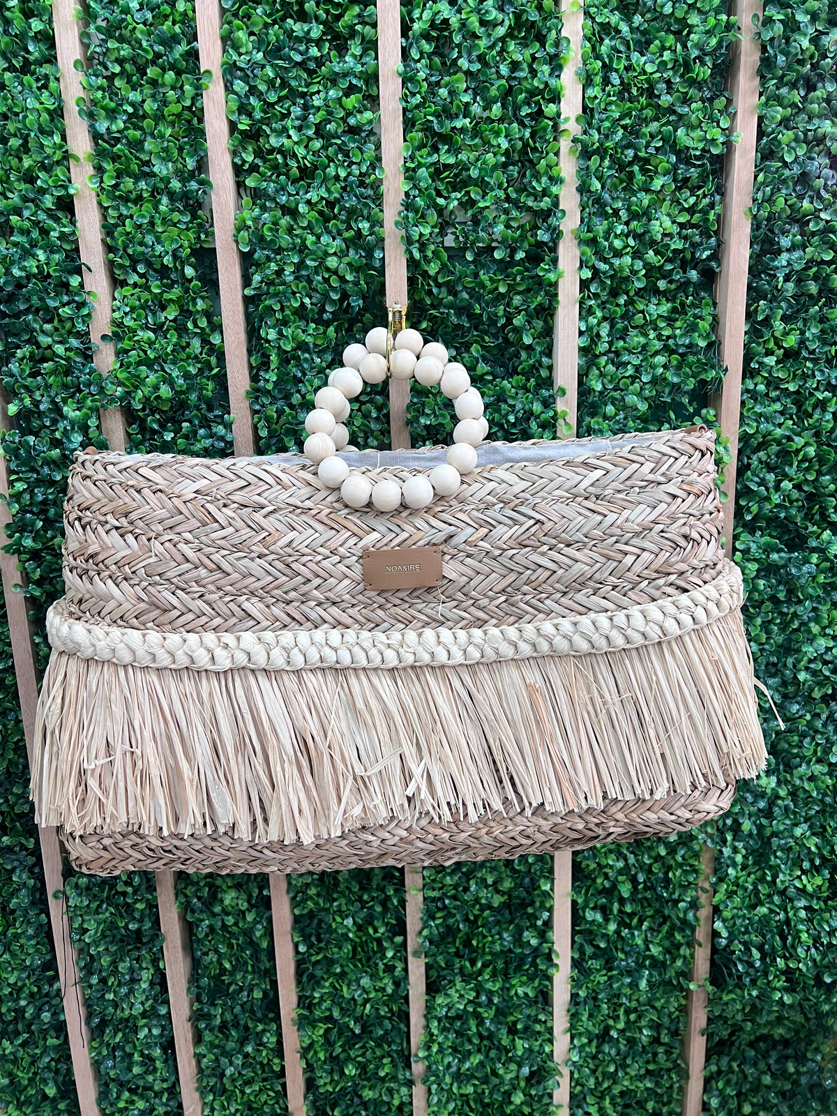 Beaded Handle Straw Fringe Raffia Bag