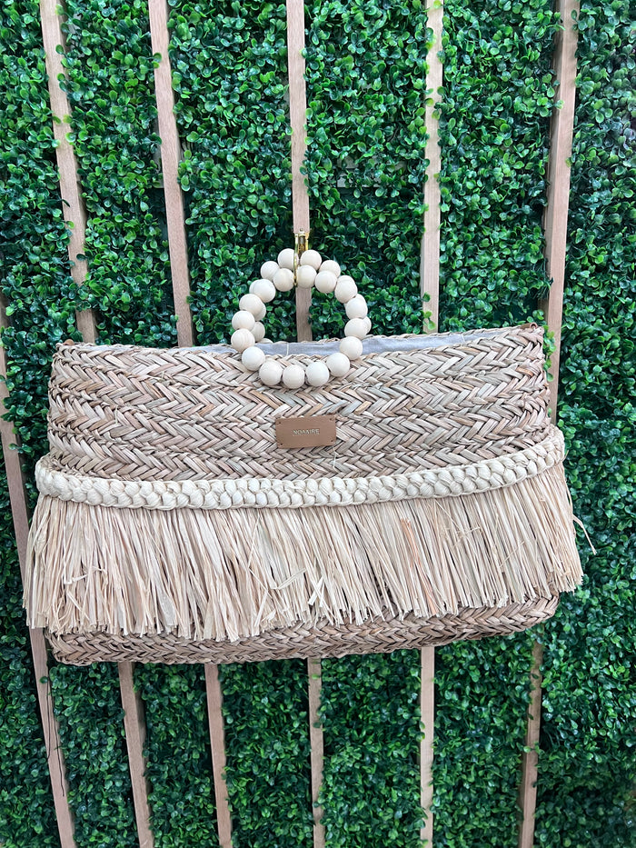 Beaded Handle Straw Fringe Raffia Bag