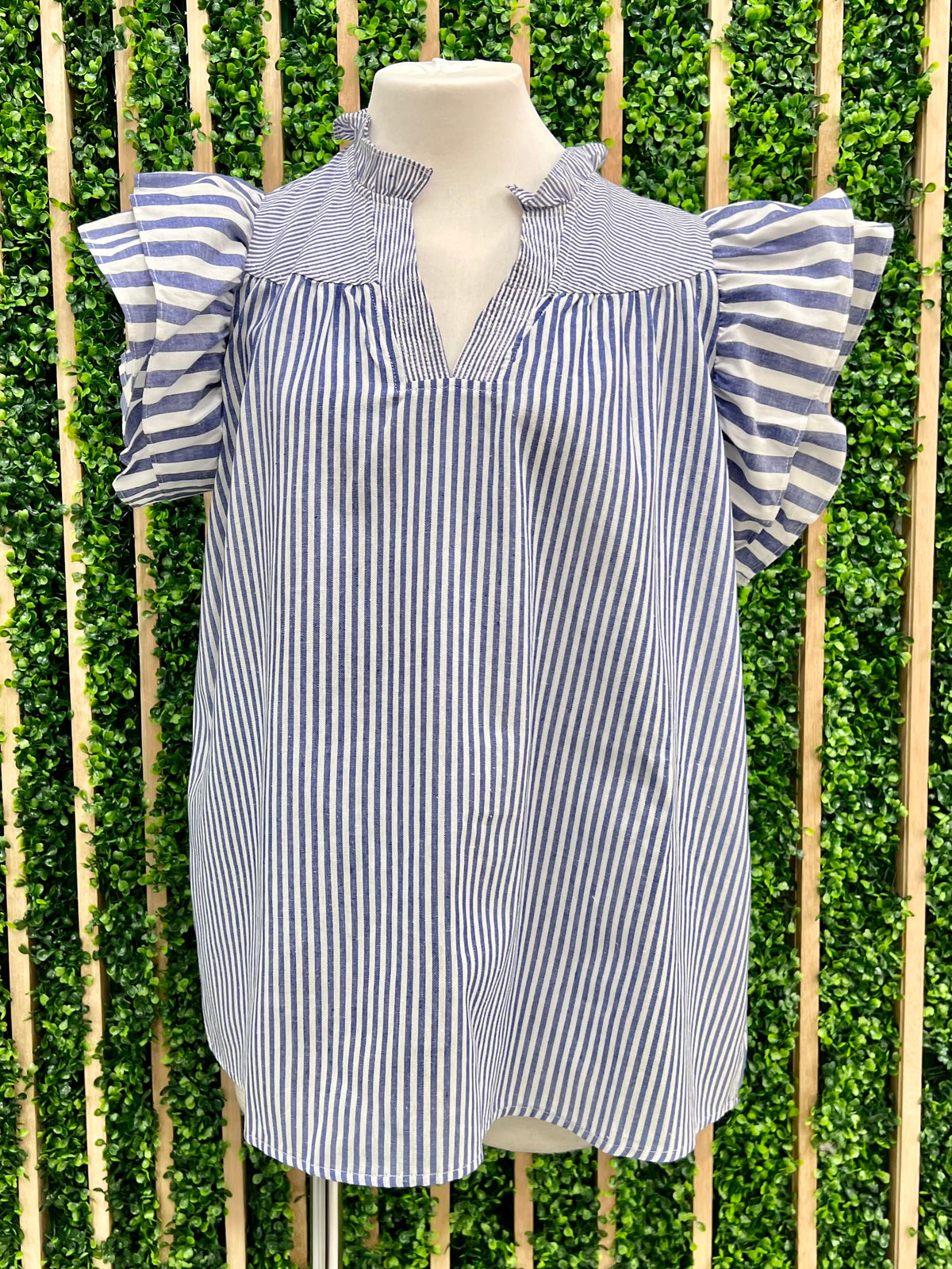 Blue Striped Angel Sleeve Blouse