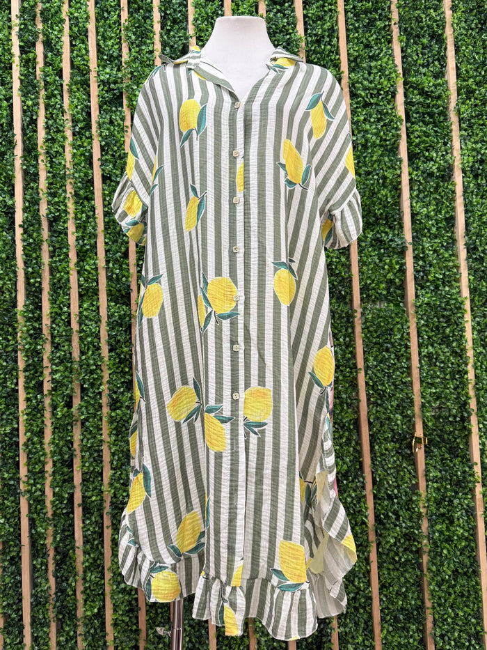 Lemon Striped Ruffle Sleeve Dress