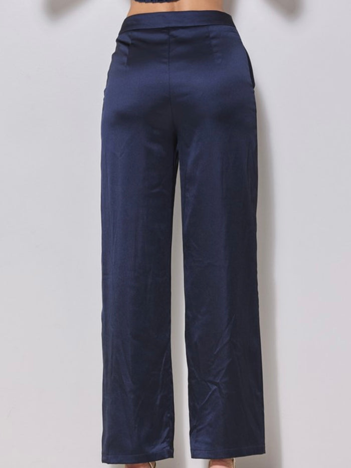 Beautiful Navy Satin Straight Leg Pant