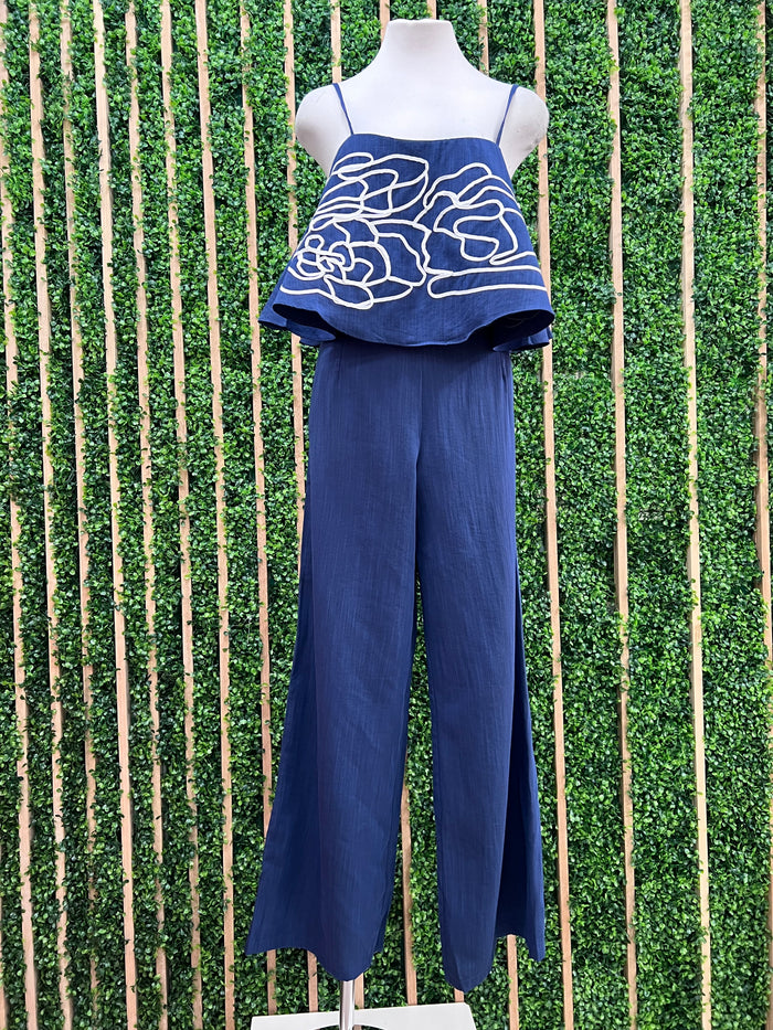 Navy Embroidered Wide Leg Pant