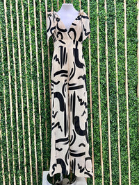 Ivory Black Strokes Shoulder Tie Jumpsuit