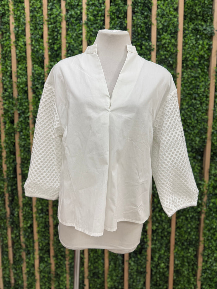 White Contrast Sleeve V Neck Blouse