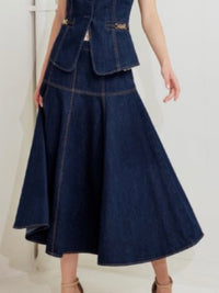 Buckle Detail Fitted Dark Denim Midi Skirt