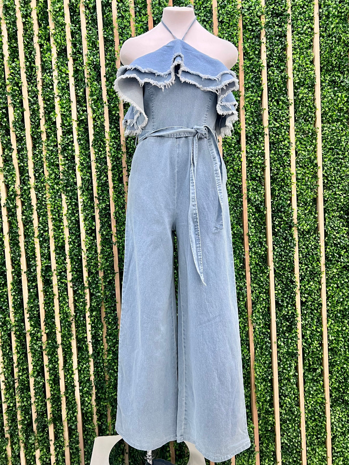 Halter Frayed Ruffle Denim Jumpsuit