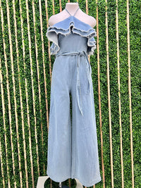 Halter Frayed Ruffle Denim Jumpsuit