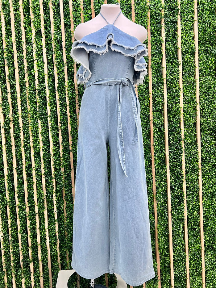Halter Frayed Ruffle Denim Jumpsuit