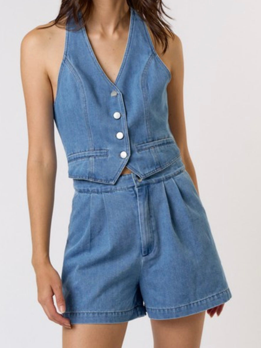 Washed Denim Halter Cutout Romper