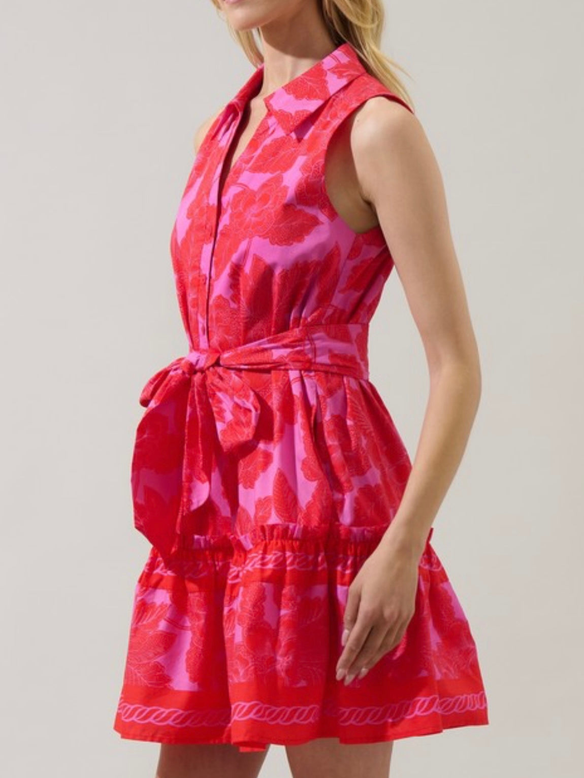 Beautiful Fuchsia Red Collared Sleeveless Short Dres