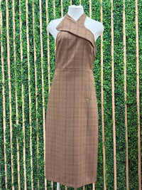 Brown Plaid Halter Midi Dress