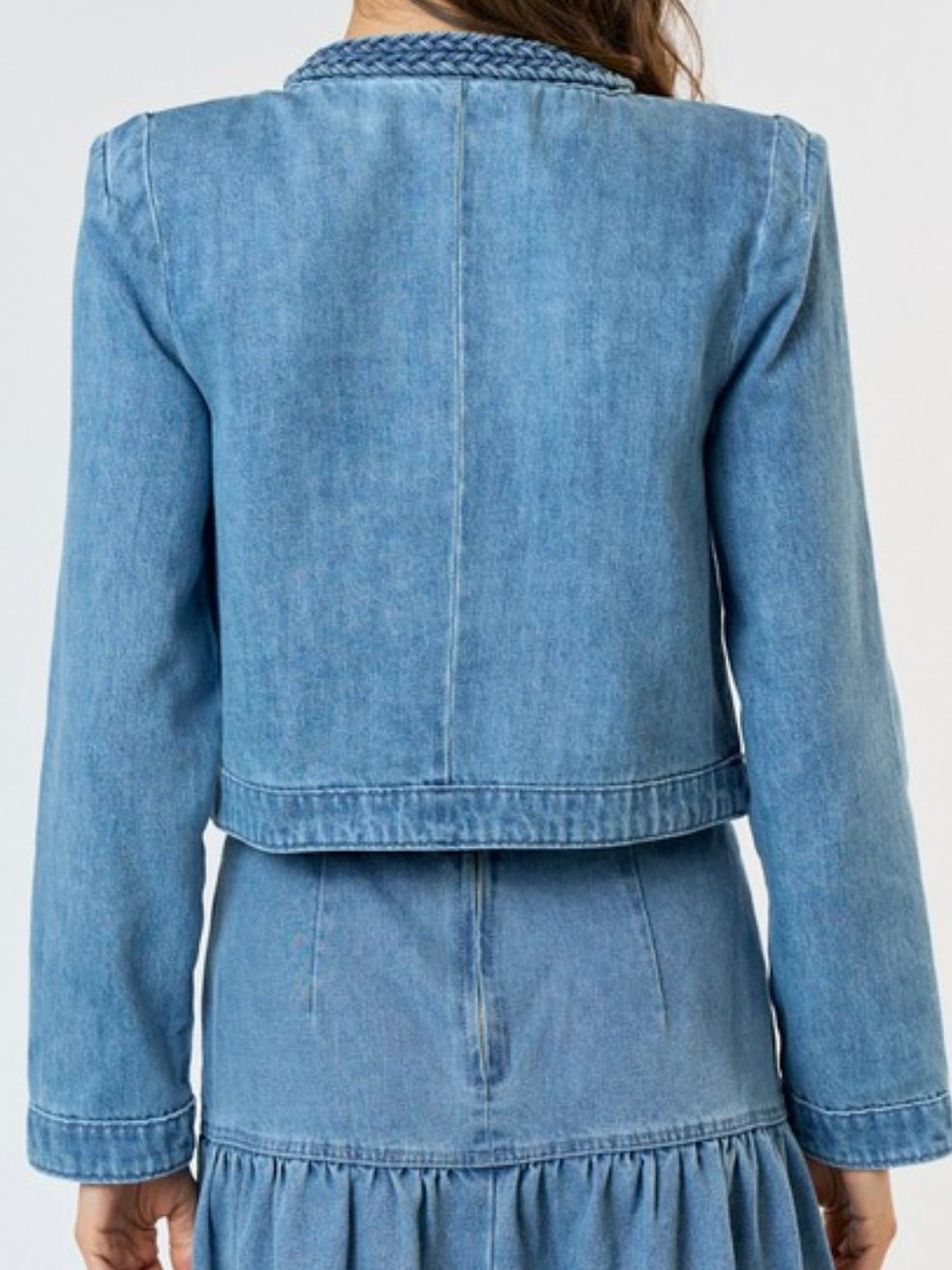 Braided Trim Denim Open Jacket