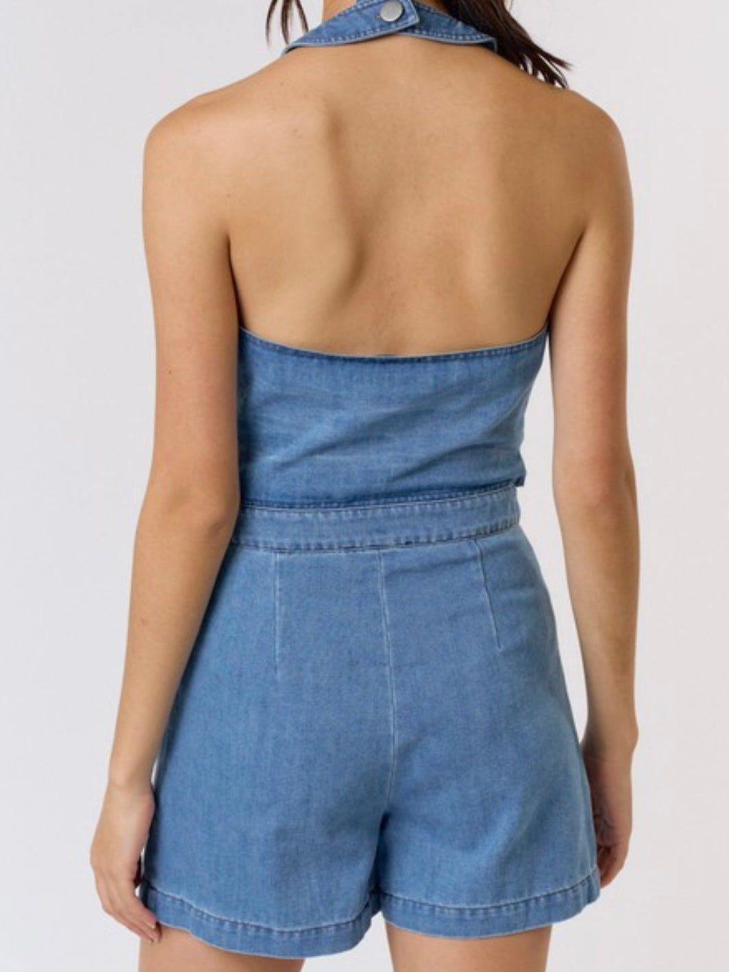 Washed Denim Halter Cutout Romper