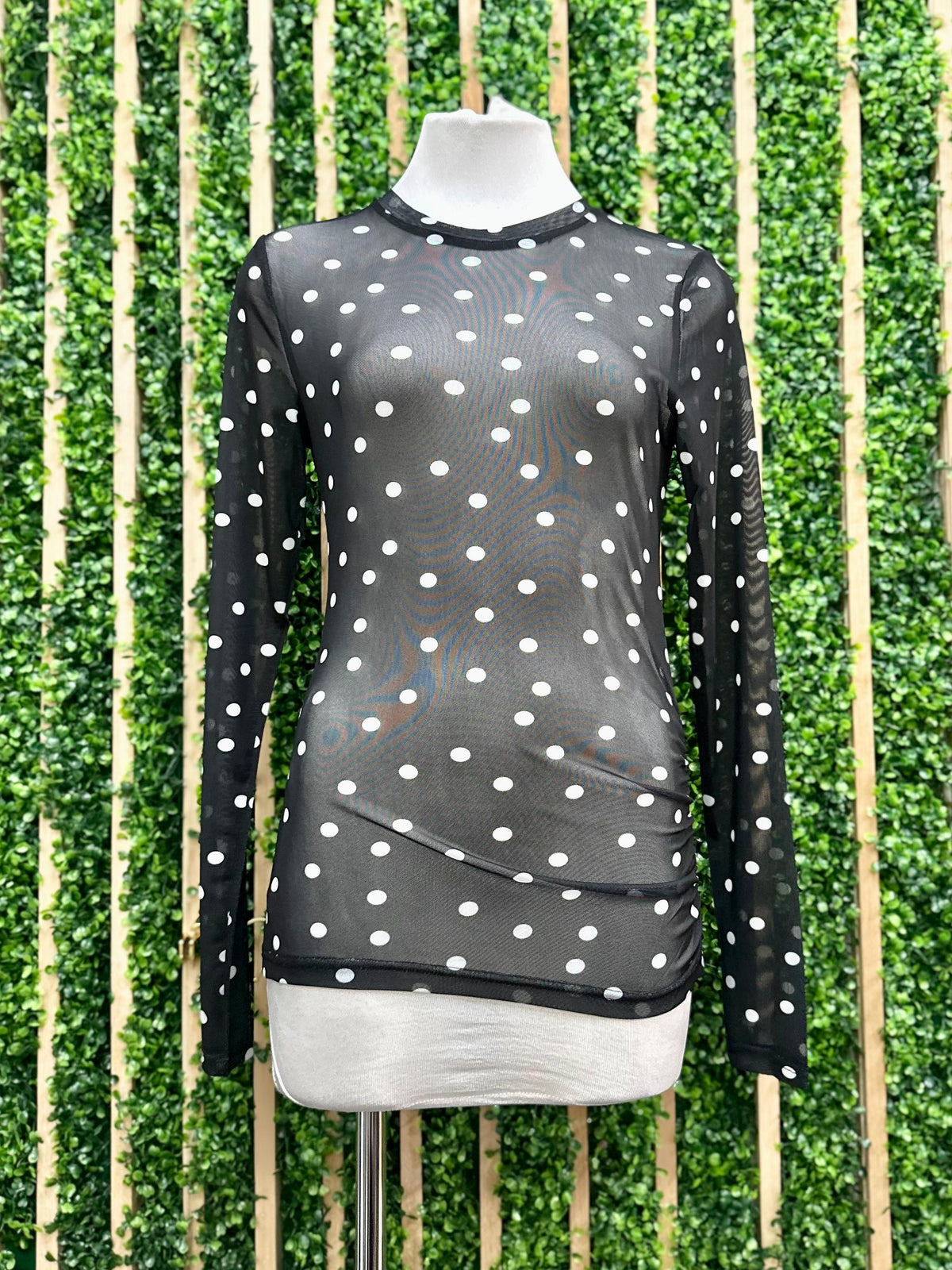 Long Sleeve Mesh Polka Dot Top