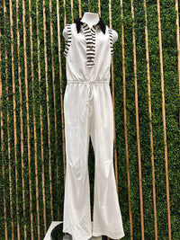 White Stripe Detail French Terry Sleeveless Jumpsuit