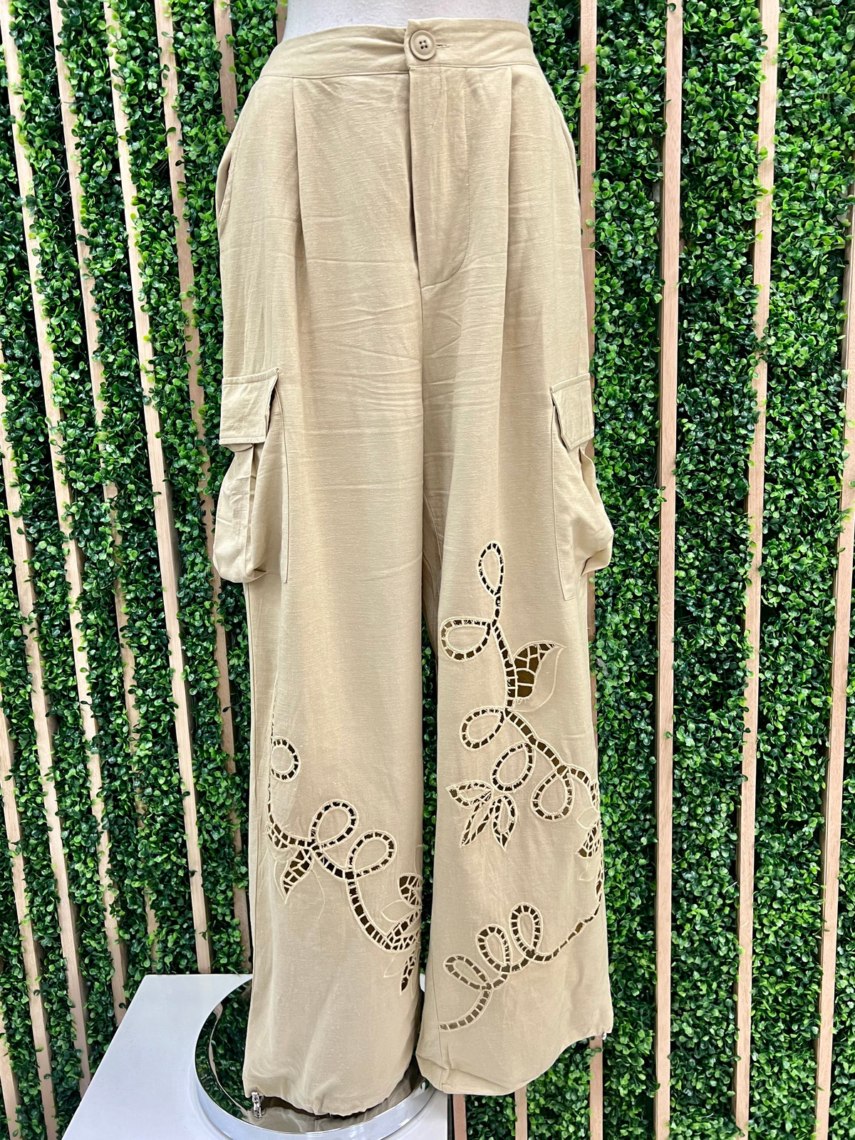 Sage Embroidered Linen Cargo Jogger