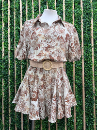 Beige Floral Button Down Short Sleeve Romper