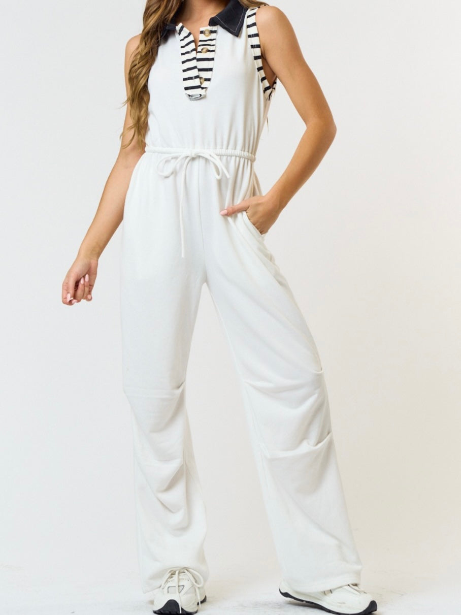 White Stripe Detail French Terry Sleeveless Jumpsuit