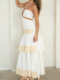 Beautiful White Gold Detail Cutout Halter Maxi Dress