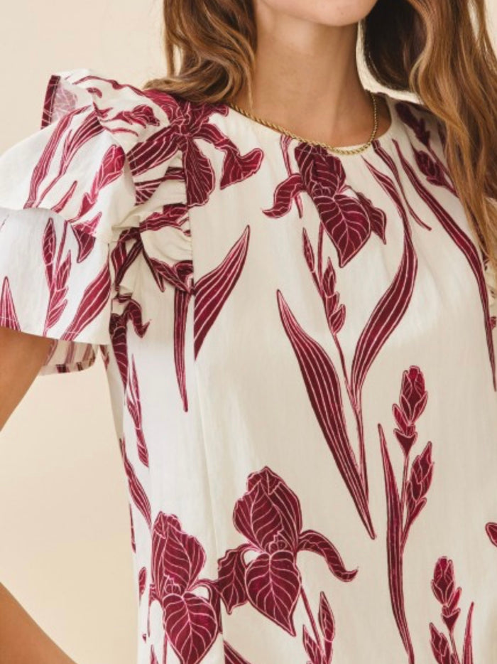 Burgundy Floral Print Ruffle Sleeves Blouse