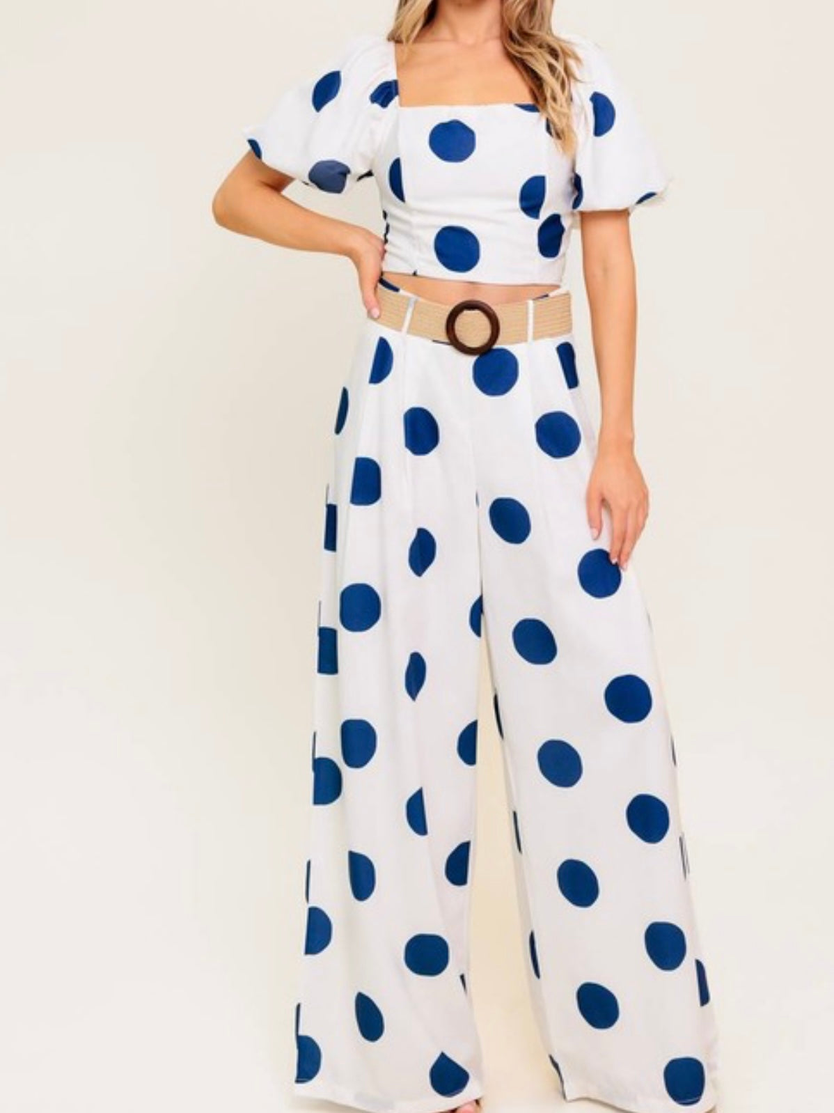 Navy Dots Belted Wide Leg Pant